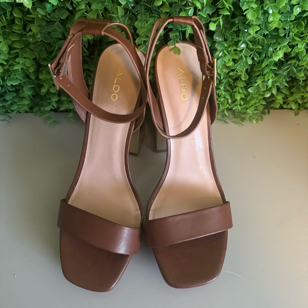 Aldo Priyah 1091435 Chestnut with Wood & Gold Block Heels Women's Size 11 - Picture 8 of 14